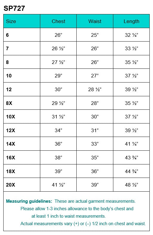Size chart for SP727 girls white First Communion dress, showing chest, waist, and length measurements from size 6 to 20X.