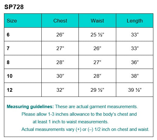 Size chart for Girls White First Communion Dress SP728, showing chest, waist, and length measurements for sizes 6 to 12.