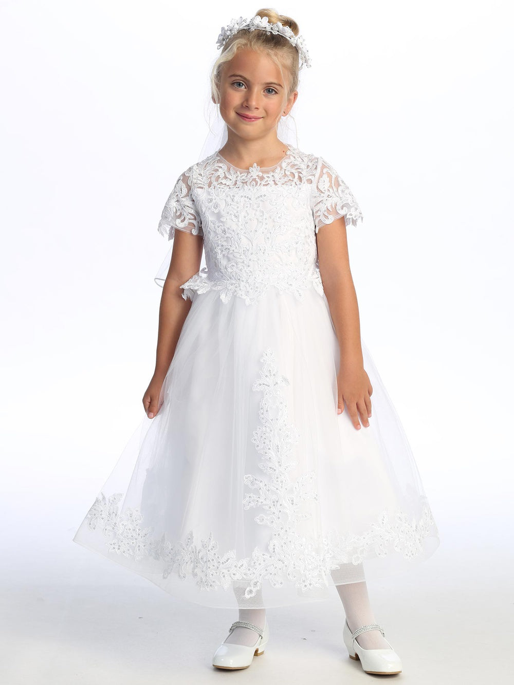731 Girls White First Communion Dress w/ Corded Embroidered Tulle (NEW)