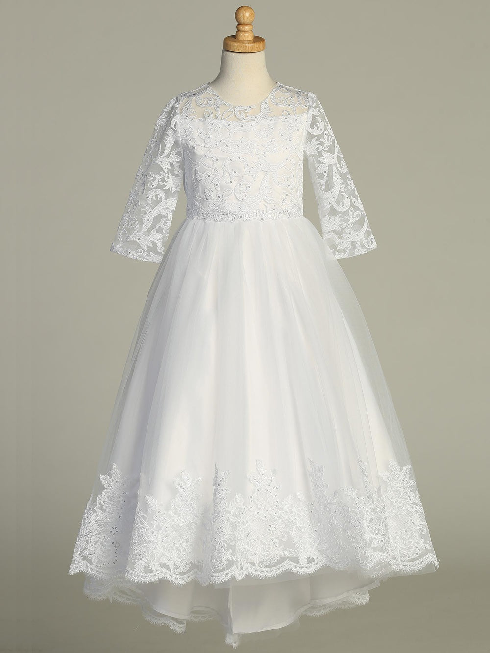 732 Girls White First Communion Dress w/ Full Length Embroidered Tulle (NEW)