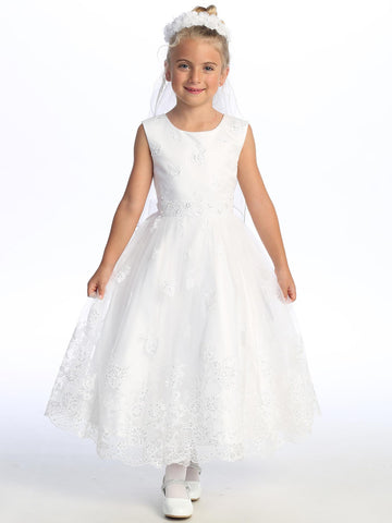 733 Girls White First Communion Dress w/ Corded Embroidered Tulle (NEW)