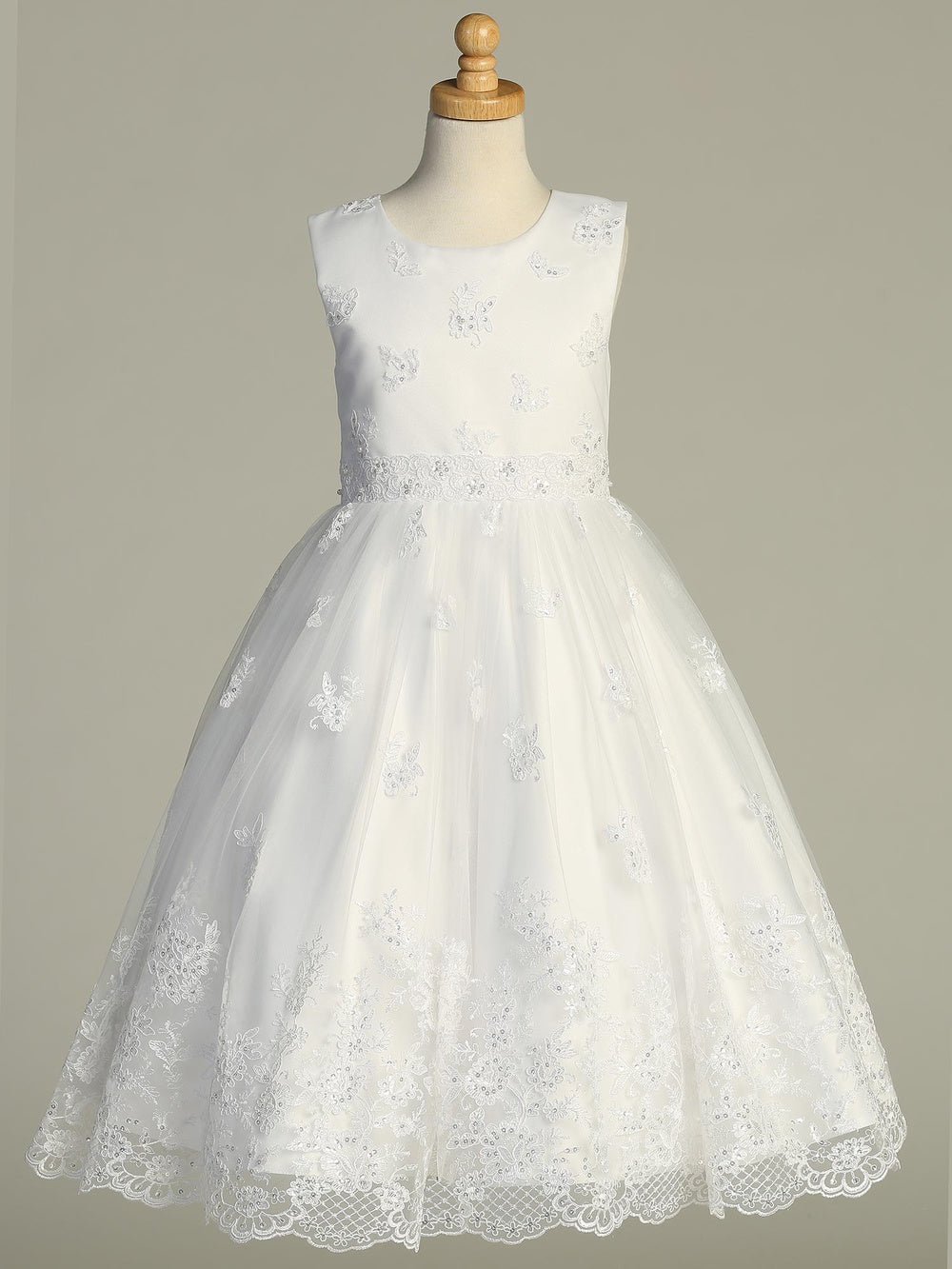 733 Girls White First Communion Dress w/ Corded Embroidered Tulle (NEW)
