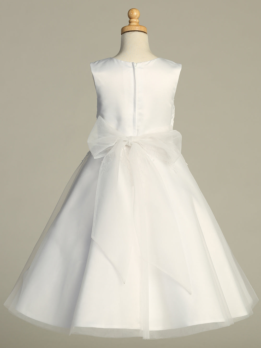 737 Girls White First Communion Satin Dress w/ Embroidered Lace & Rhinestone Trim (NEW)