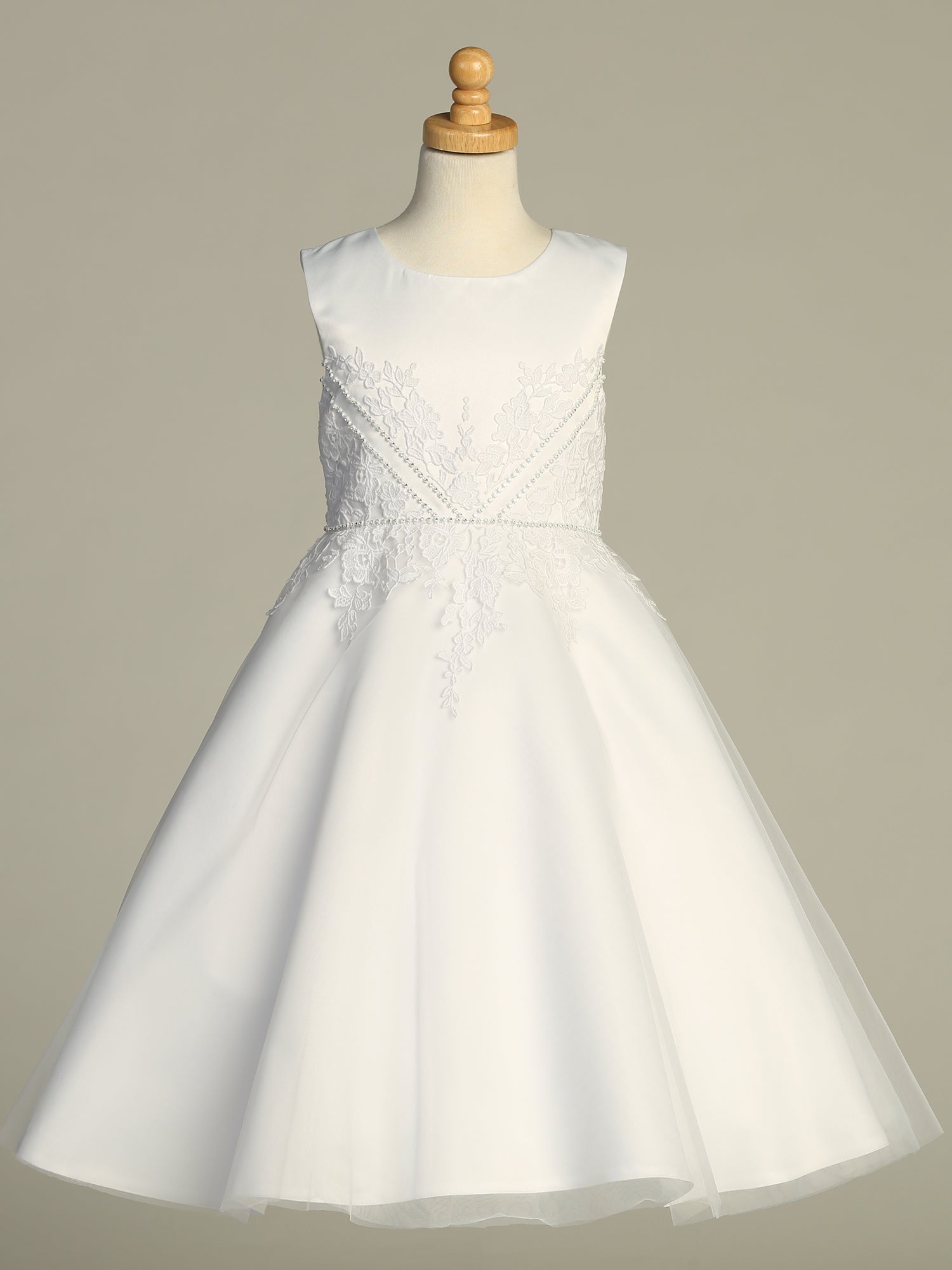 Girls White Communion Dress - Satin Bodice, Embroidered Lace | Rhinestone 18X Girls White Communion Dress - Satin Bodice, Embroidered Lace | Rhinestone 18X