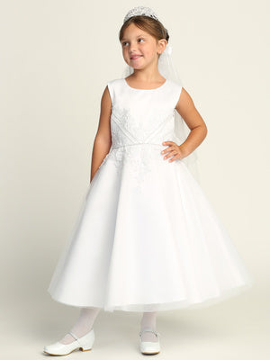 737 Girls White First Communion Satin Dress w/ Embroidered Lace & Rhinestone Trim (NEW)