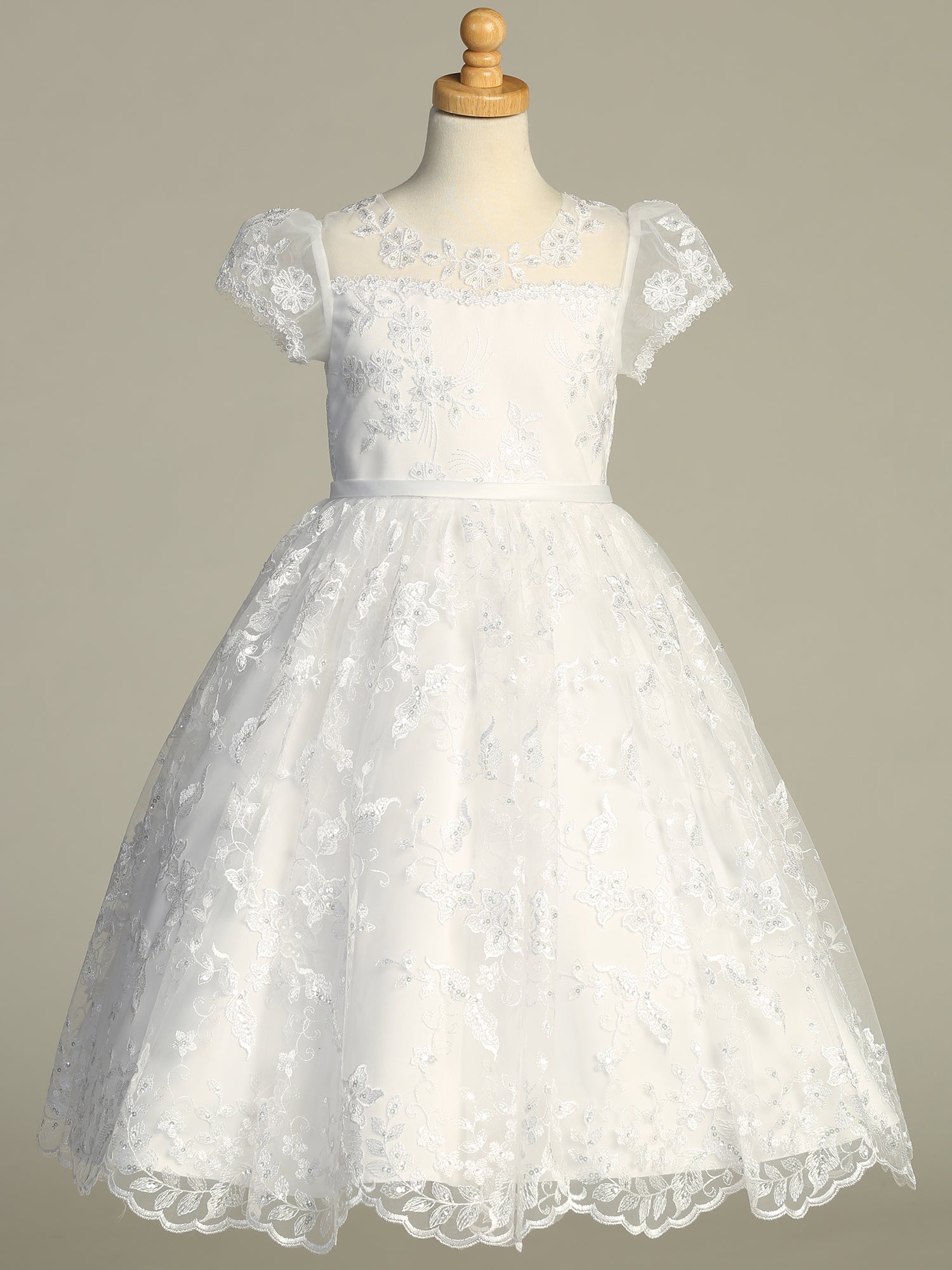 739 Girls White First Communion Dress w/ Embroidered Tulle & Sequins (NEW)