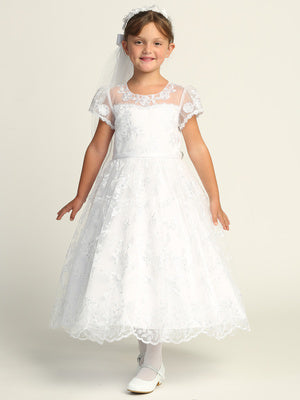 739 Girls White First Communion Dress w/ Embroidered Tulle & Sequins (NEW)