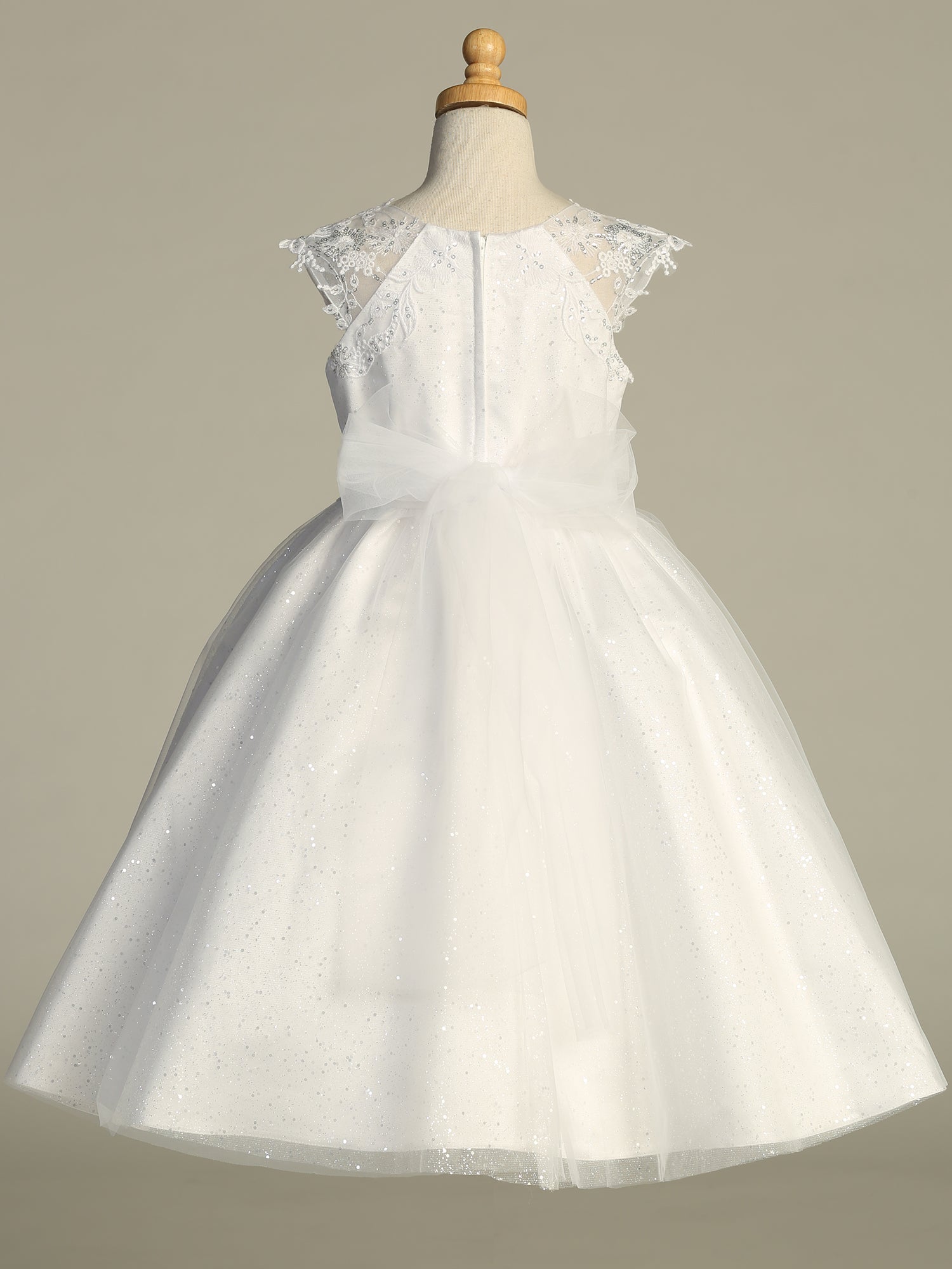 741 Girls White Communion Dress w/ Embroidered Glitter Tulle & Sequins (NEW)