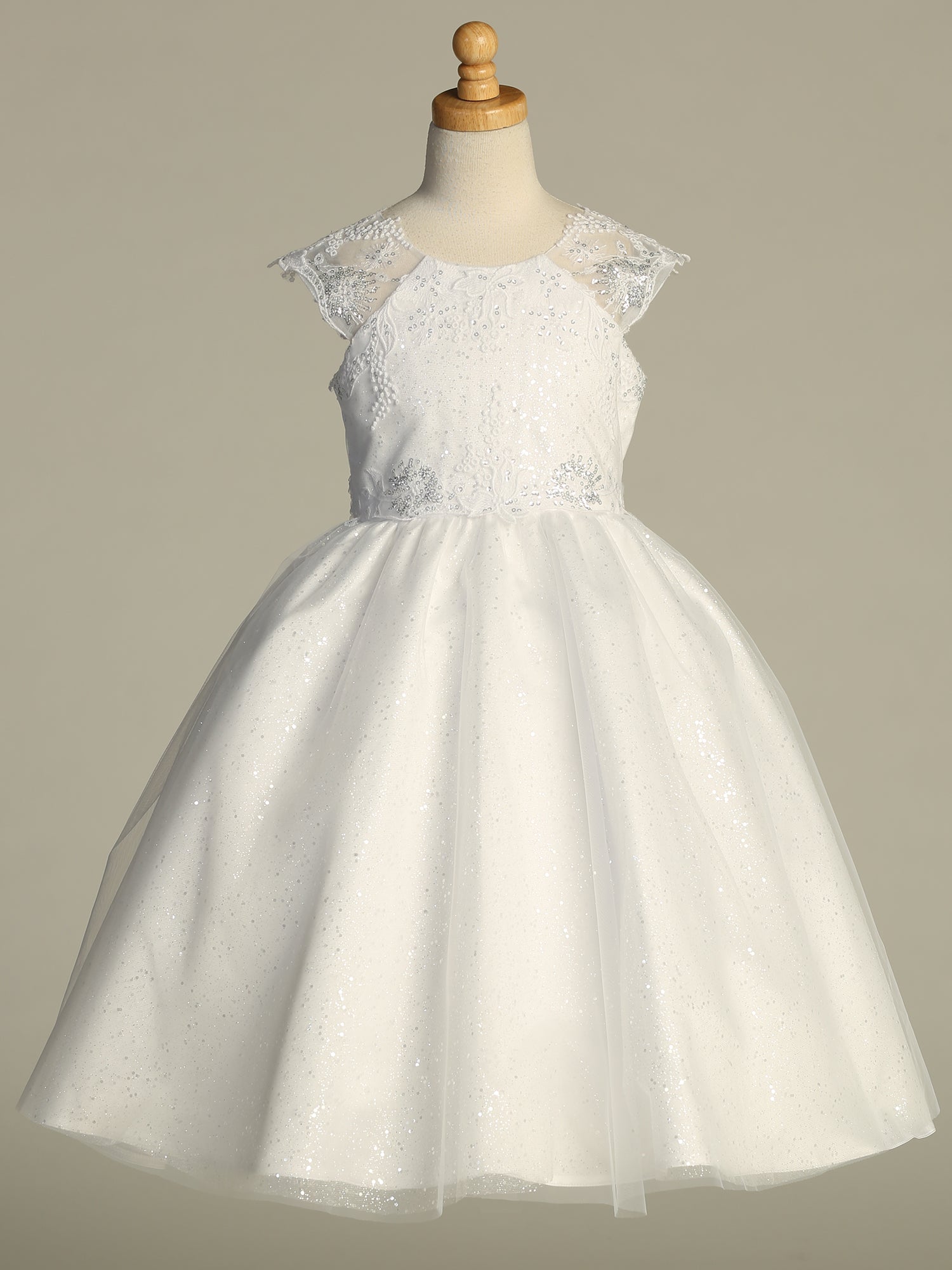 741 Girls White Communion Dress w/ Embroidered Glitter Tulle & Sequins (NEW)