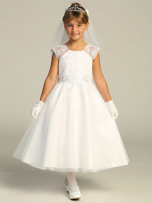741 Girls White Communion Dress w/ Embroidered Glitter Tulle & Sequins (NEW)