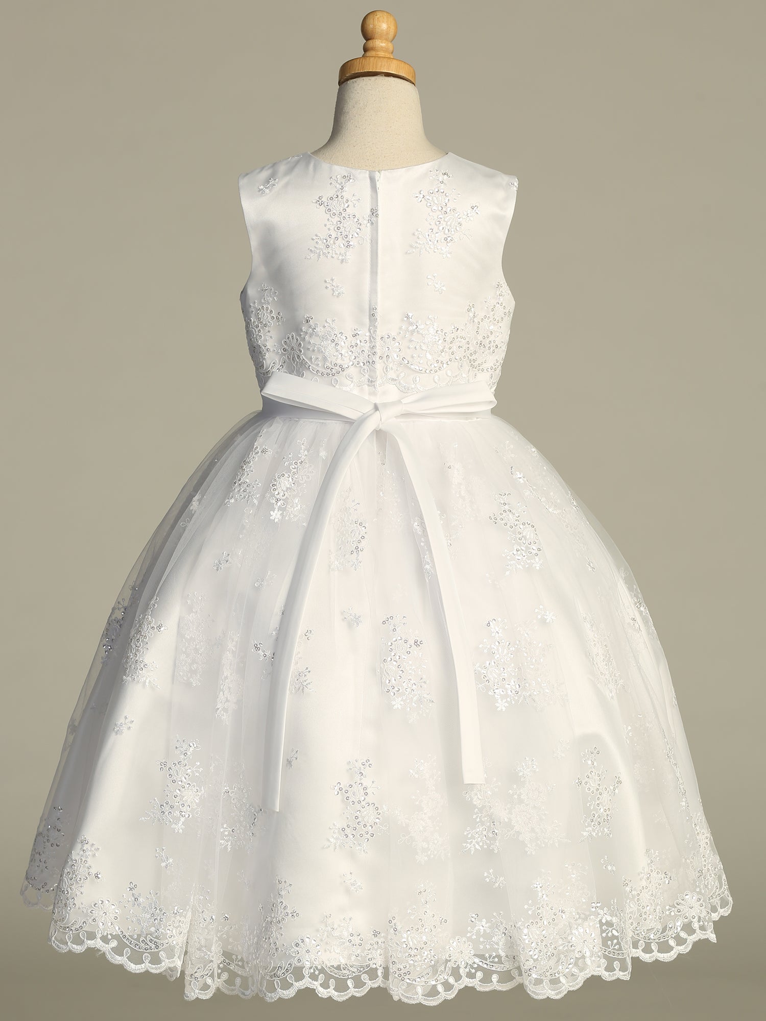 742 Girls White Communion Dress w/ Corded Embroidered Tulle & Sequins (NEW)
