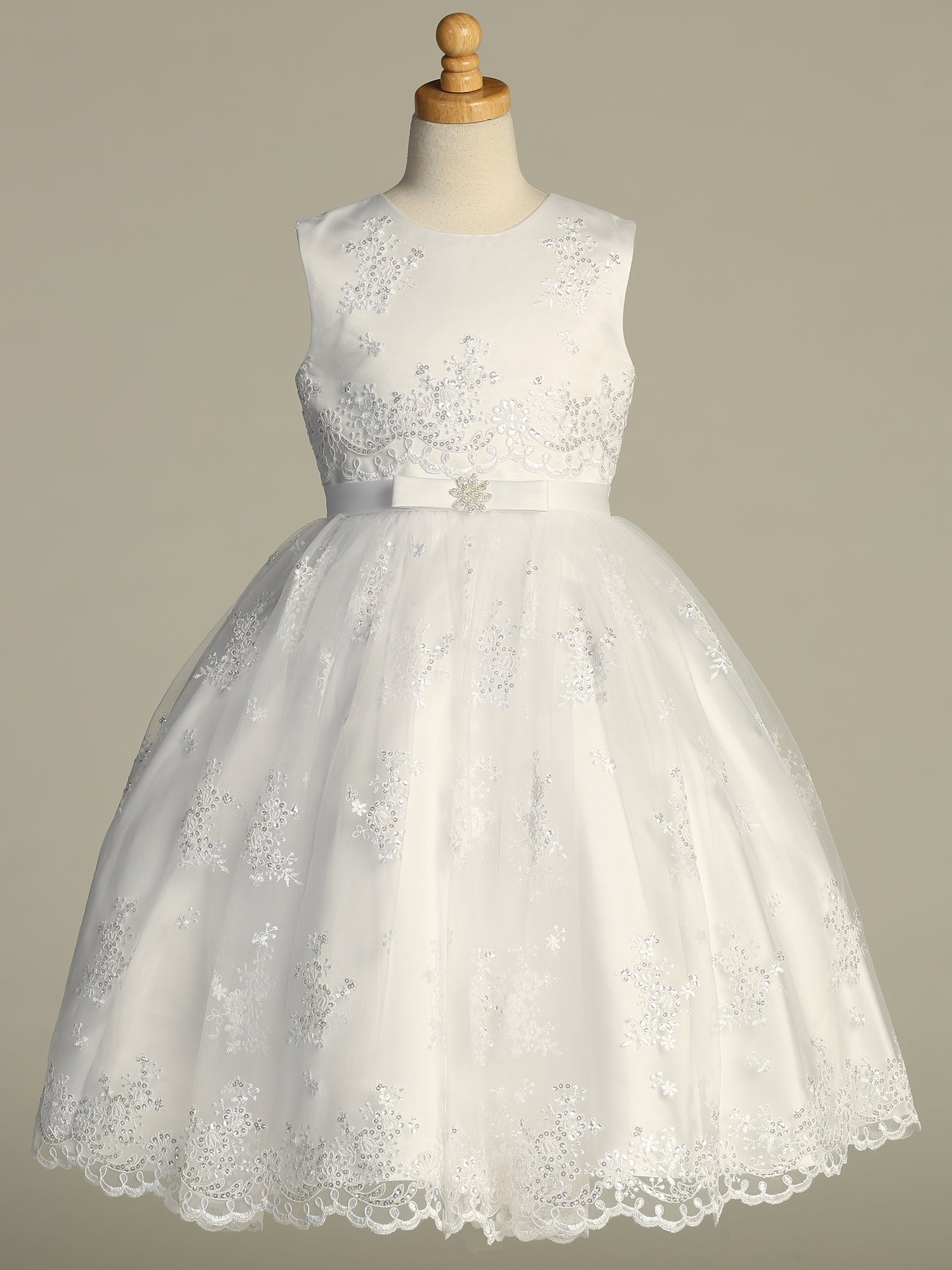 742 Girls White Communion Dress w/ Corded Embroidered Tulle & Sequins (NEW)