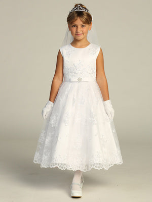 742 Girls White Communion Dress w/ Corded Embroidered Tulle & Sequins (NEW)