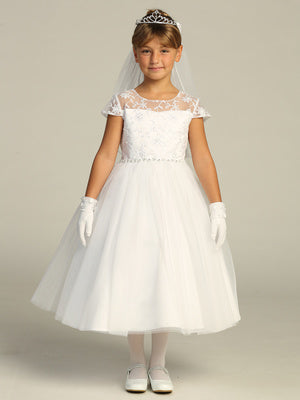 743 Girls White Communion Dress w/ Embroidered Tulle & Sequins & Pearls (NEW)