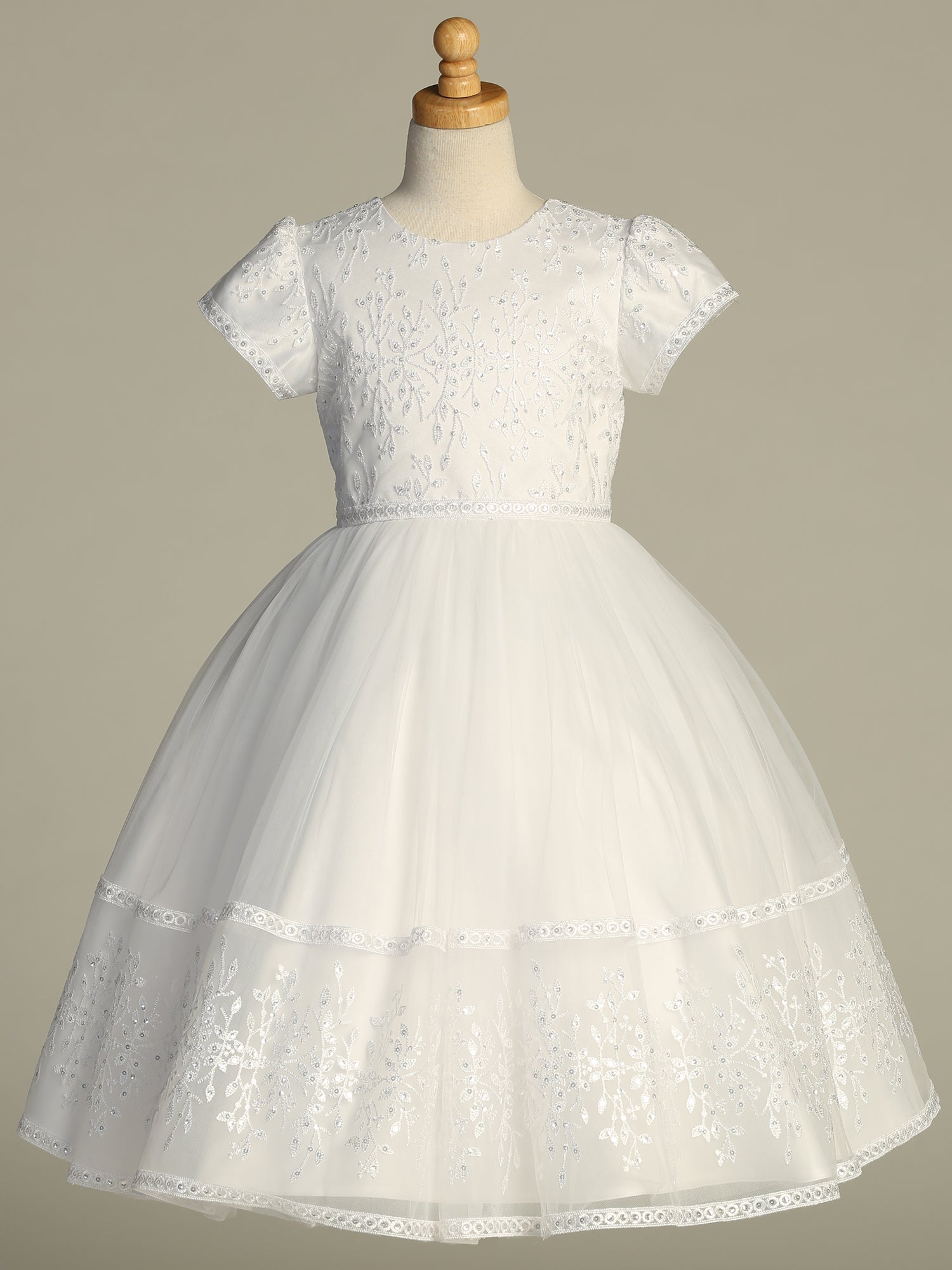 744 Girls White Communion Dress w/ Embroidered Tulle & Sequins (NEW)