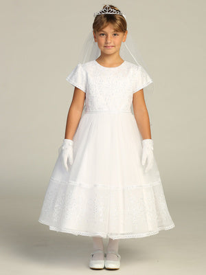 744 Girls White Communion Dress w/ Embroidered Tulle & Sequins (NEW)