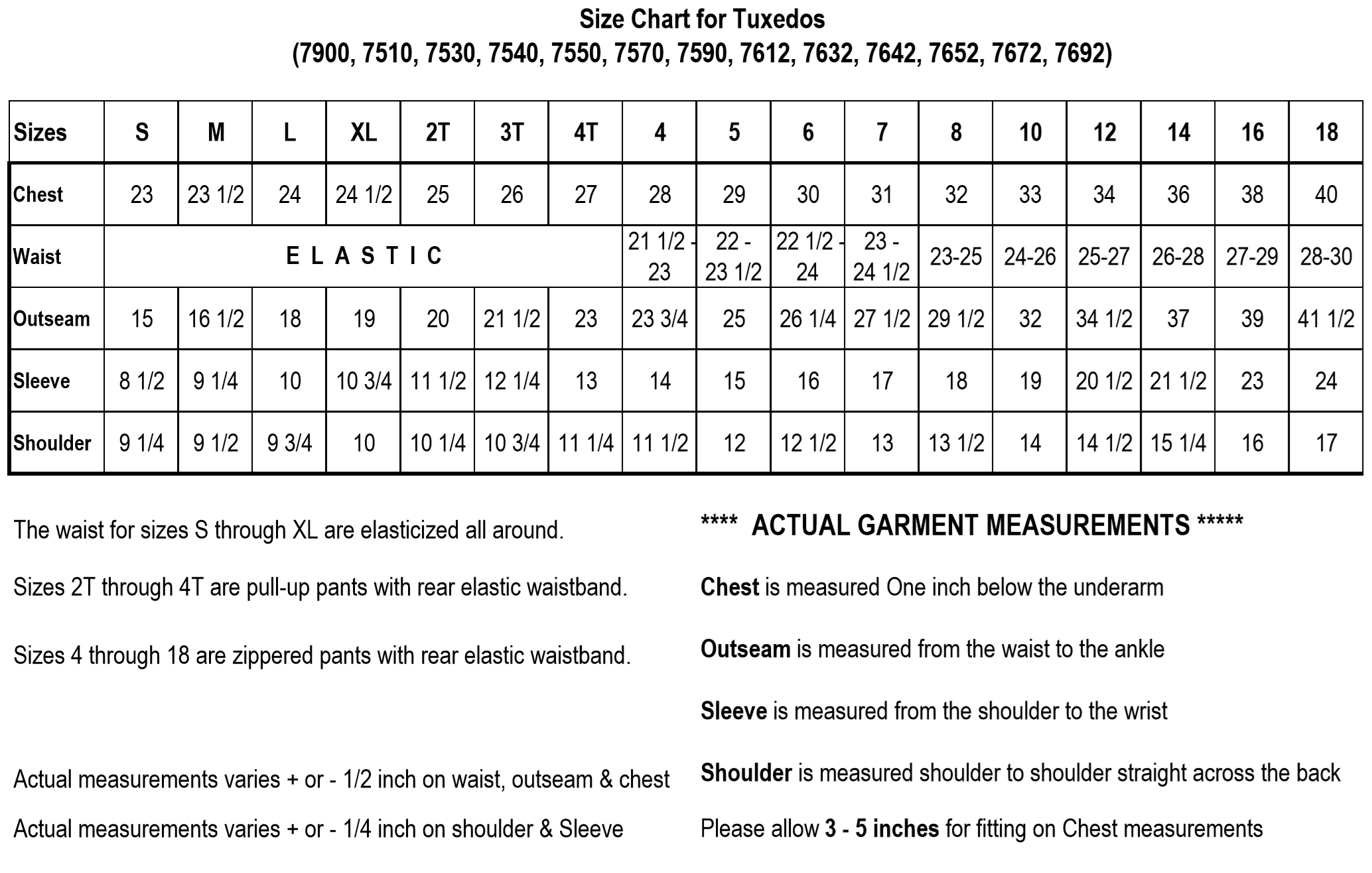 Detailed size chart for boys tuxedos including chest, waist, outseam, sleeve, and shoulder measurements. Helps ensure perfect fit for formalwear.