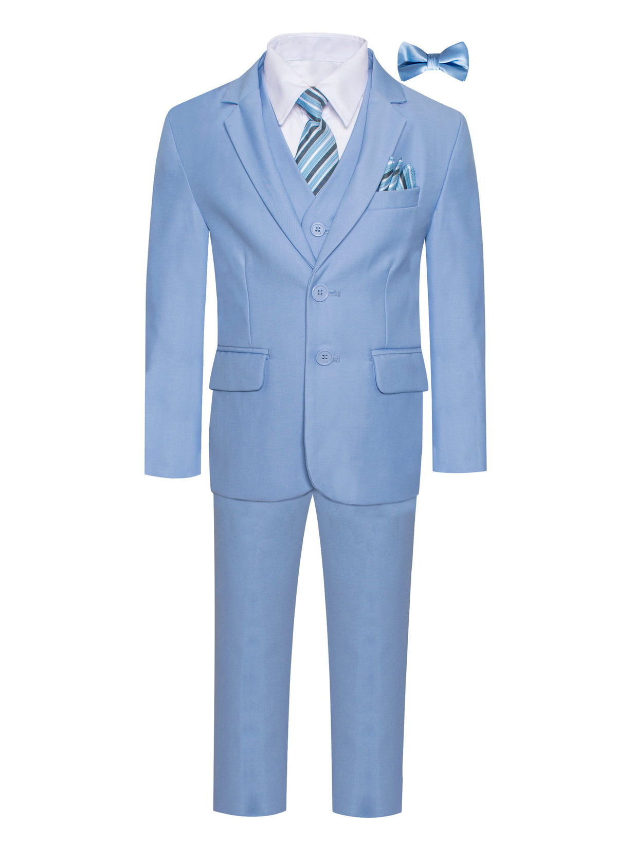 Executive 7PC boys sky blue suit with 2-button jacket, vest, pants, white dress shirt, striped tie, bow tie and pocket square