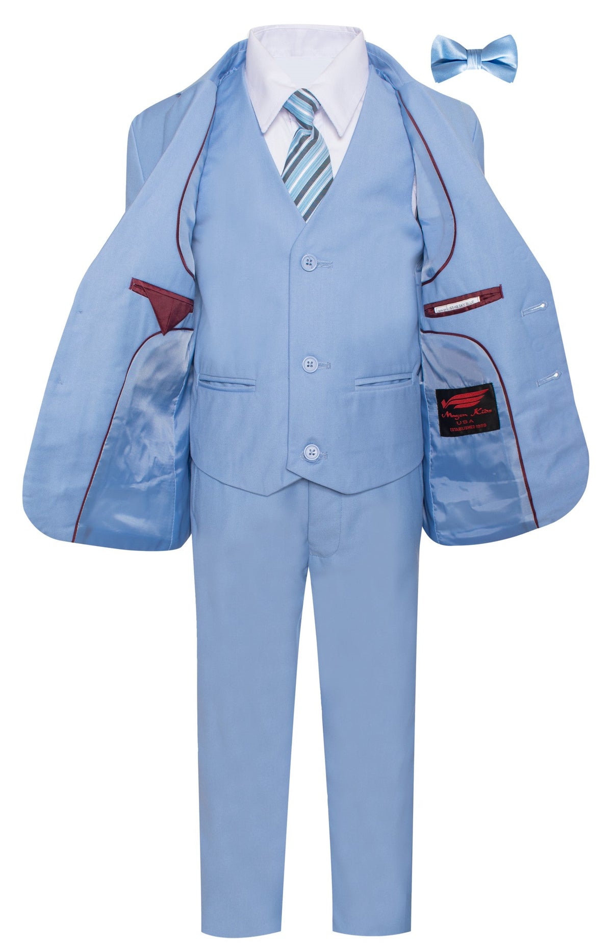Boys sky blue suit with jacket open showing the fully lined interior, matching vest and flat-front dress pants