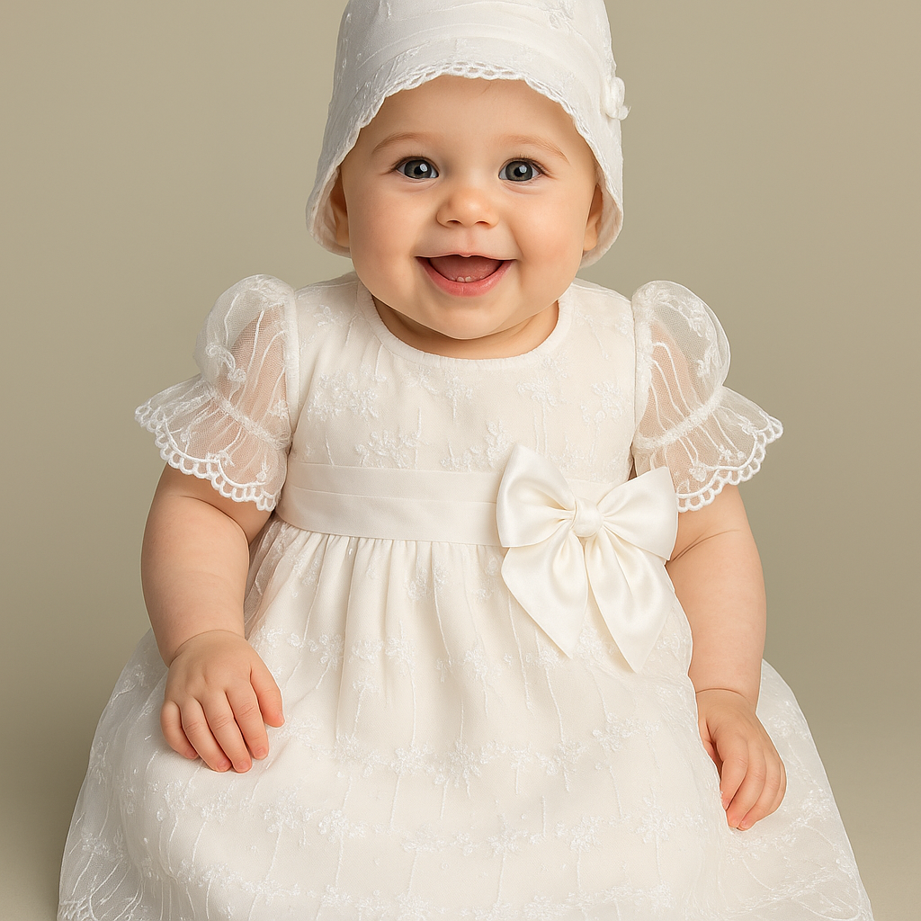Baby in a white dress with a bow and matching bonnet 