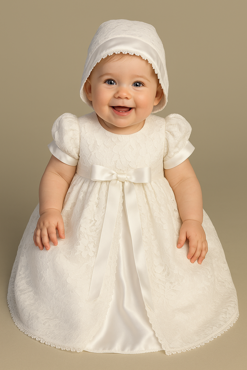 Suzana Baptism Gown for baby girls with satin bow and bonnet, featuring lace overlay and puff sleeves. Ideal for christening ceremonies.