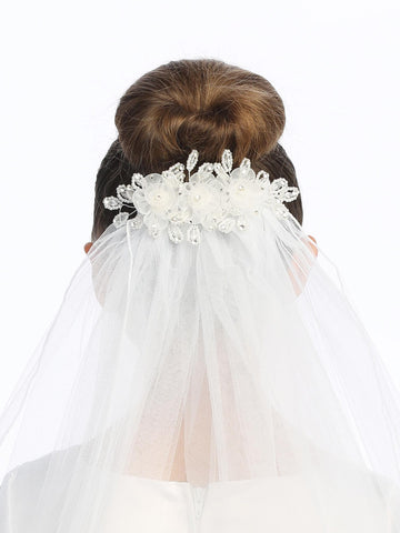 24" Veil - Organza flowers, pearls, and crystal accents (304)
