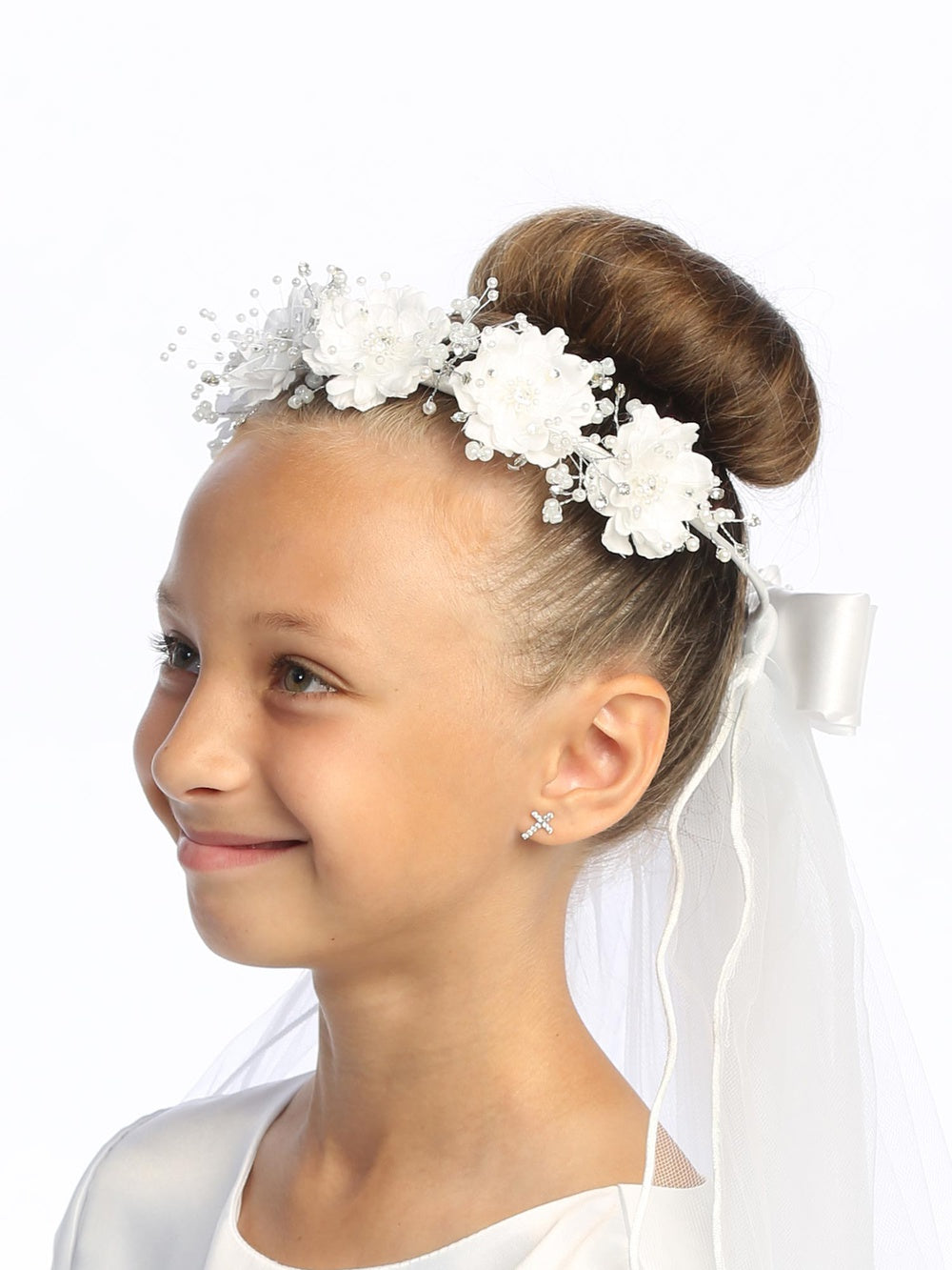 24" veil with silk & organza flowers with pearls & rhinestones (313)