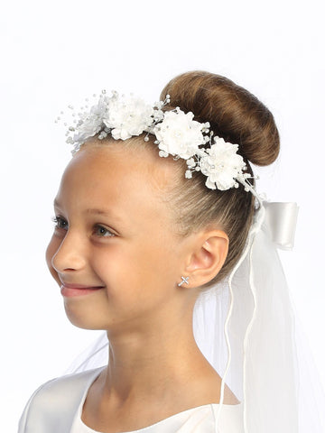 24" veil with silk & organza flowers with pearls & rhinestones (313)