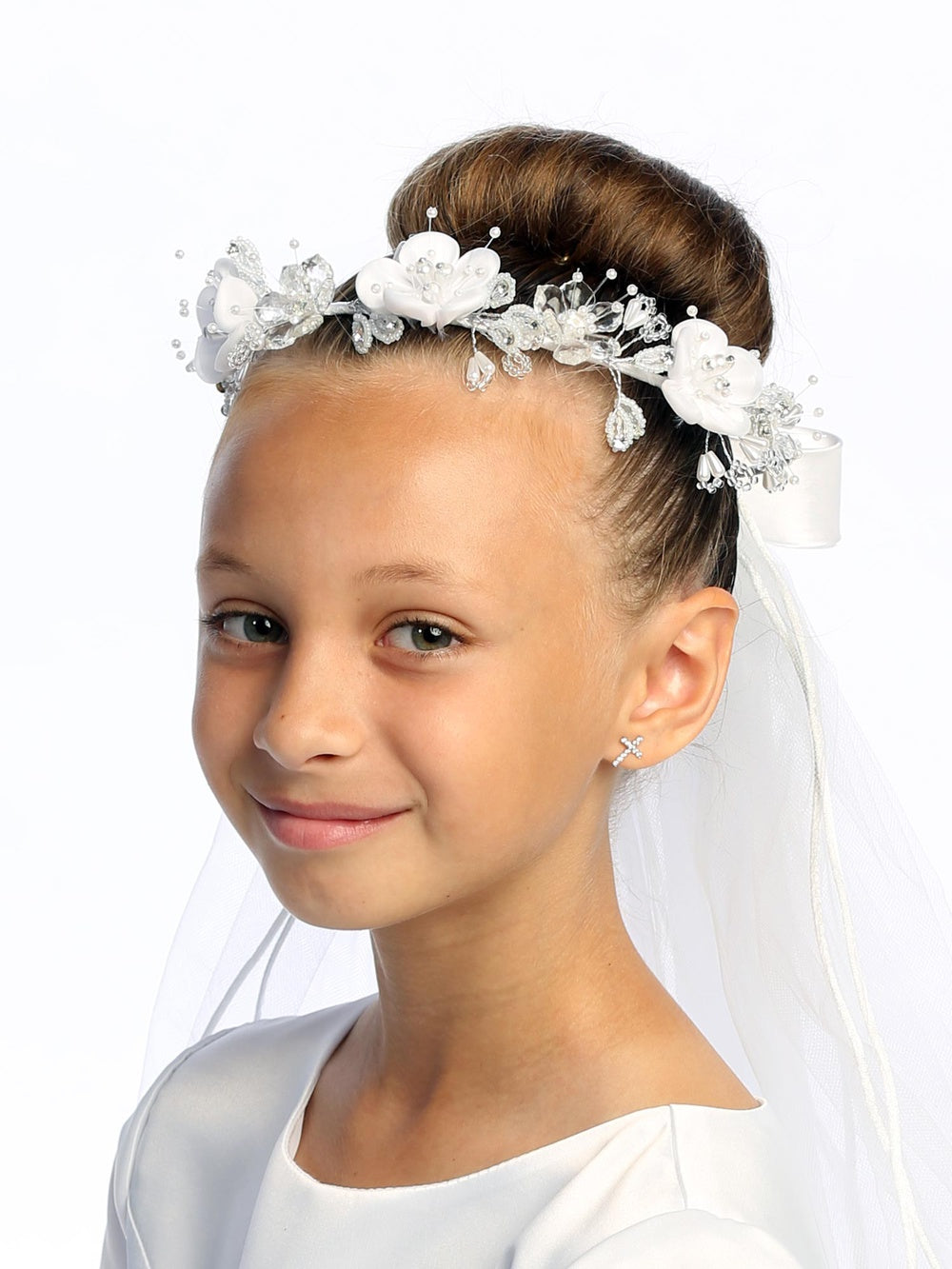 24" veil with satin & crystal flowers with pearl & rhinestones (315)
