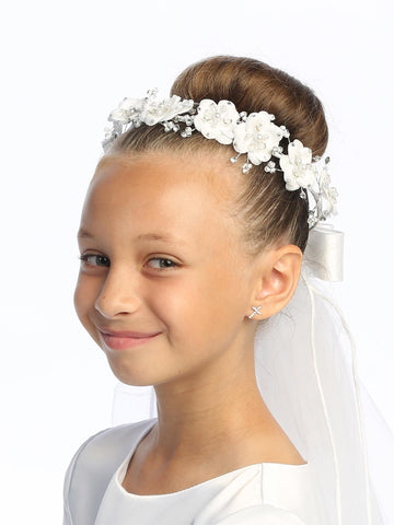 24" veil with satin flowers, beads, pearls & rhinestones (321)