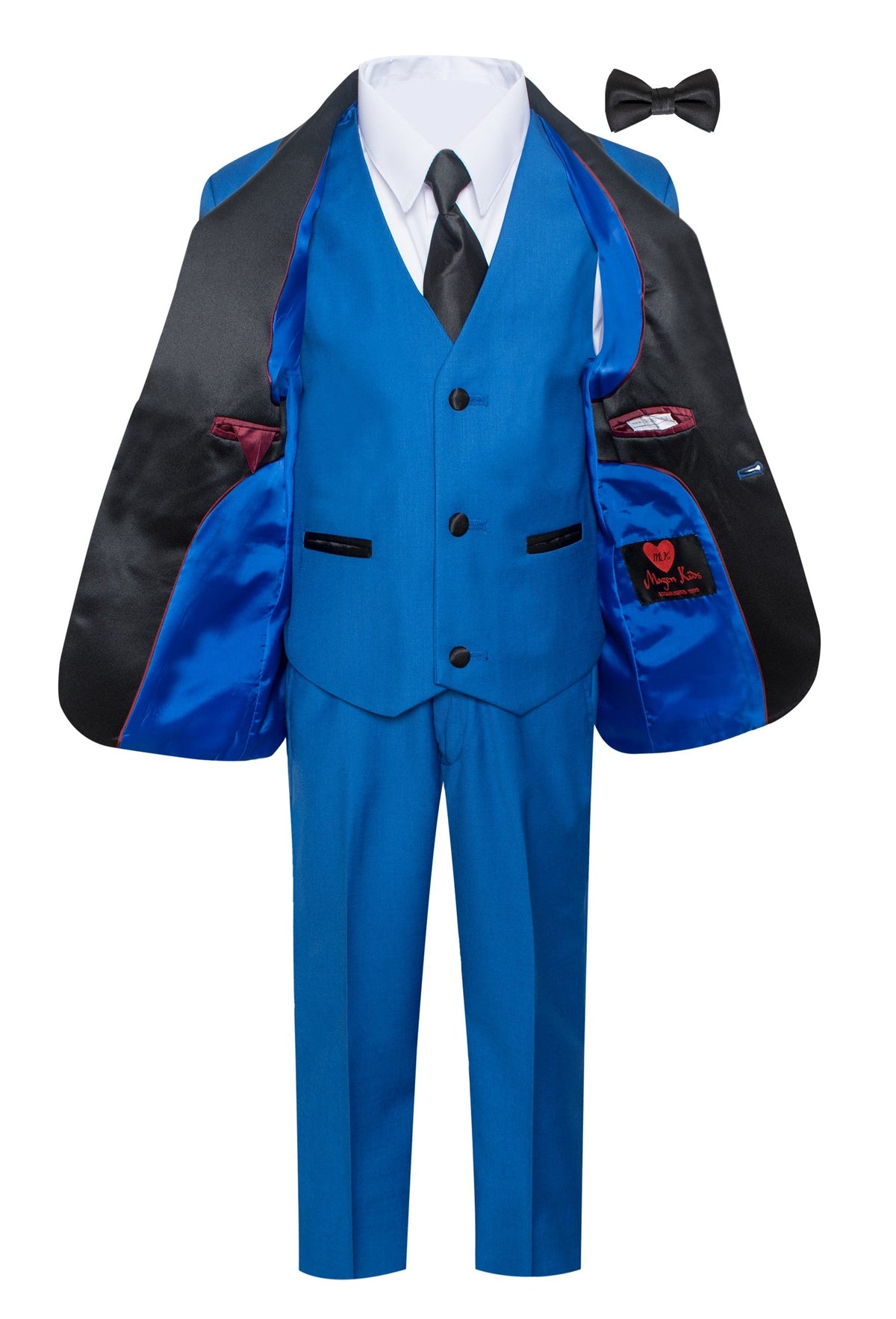 Boys blue shawl tuxedo with jacket open showing the black satin lining, matching blue vest and black bow tie