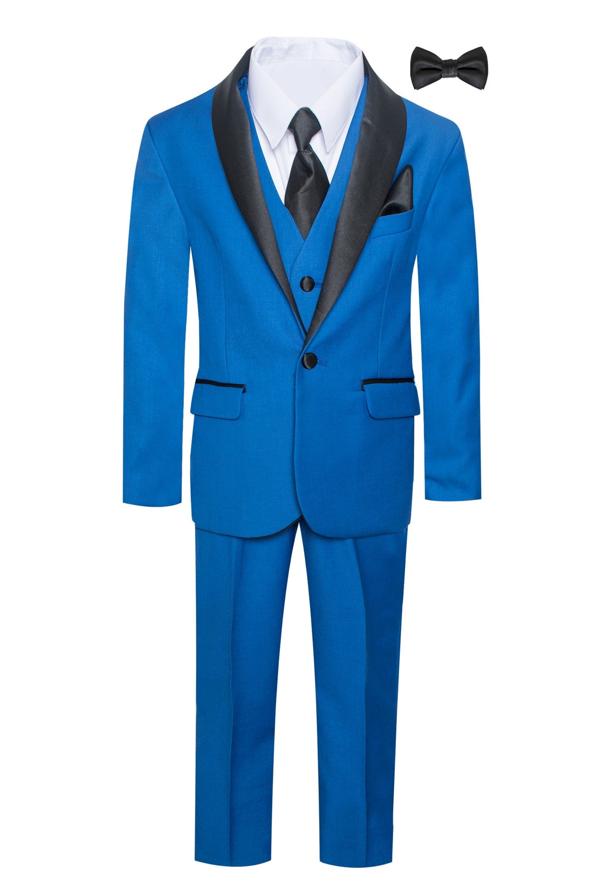 Boys blue shawl tuxedo suit with black satin shawl lapel, matching vest and pants, white dress shirt, black tie and bow tie