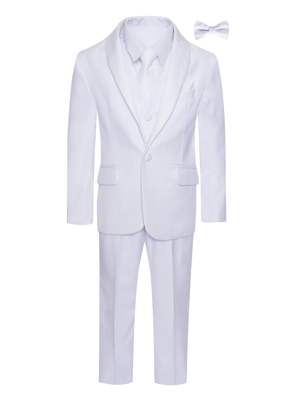 Boys all white shawl tuxedo suit with white shawl lapel, vest, pants, white dress shirt, white necktie, bow tie and pocket square