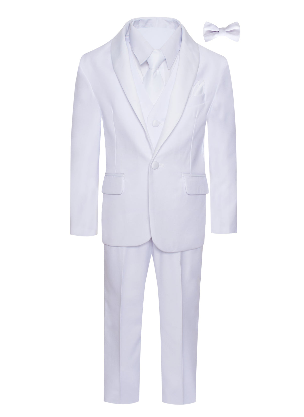 Boys all white shawl tuxedo suit with white shawl lapel, vest, pants, white dress shirt, white necktie, bow tie and pocket square