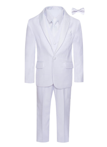 Boys all white shawl tuxedo suit with white shawl lapel, vest, pants, white dress shirt, white necktie, bow tie and pocket square