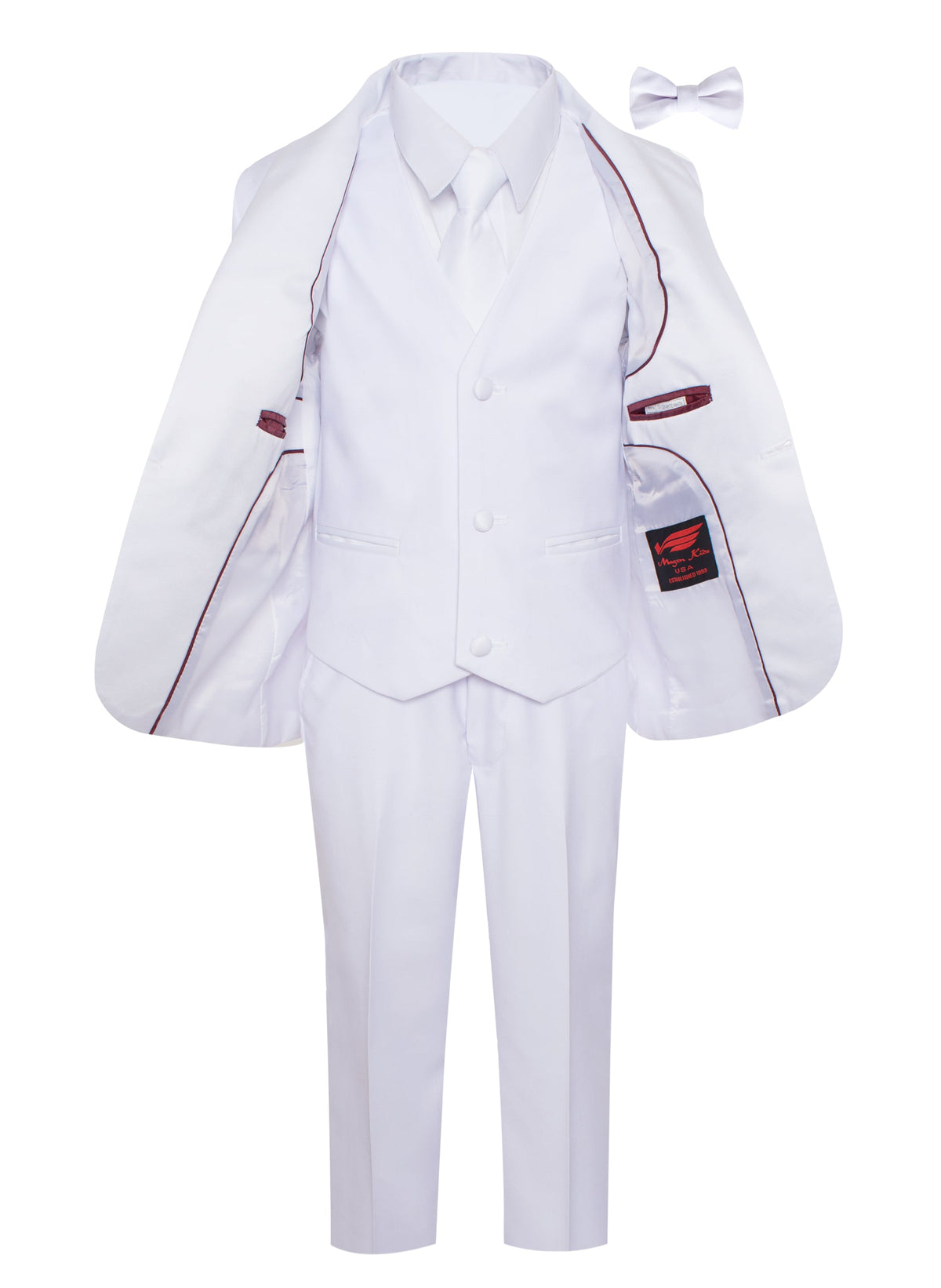 Boys all white shawl tuxedo with jacket open showing the fully lined interior, matching vest and white bow tie