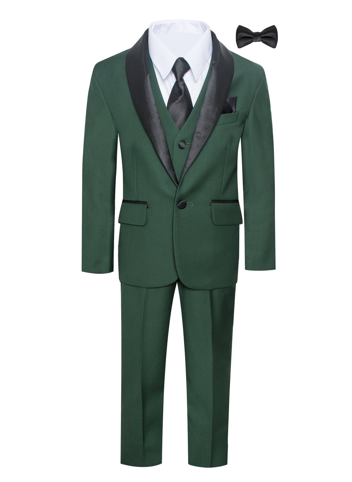 Boys hunter green shawl tuxedo suit with black satin shawl lapel, green vest and pants, white dress shirt, black tie, bow tie and pocket square