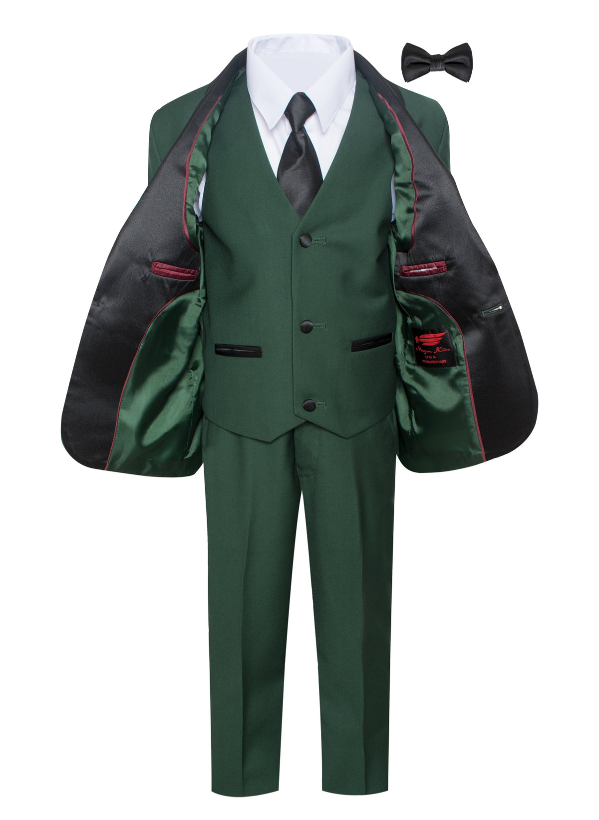 Boys hunter green shawl tuxedo with jacket open showing the black satin lining, matching green vest and black bow tie