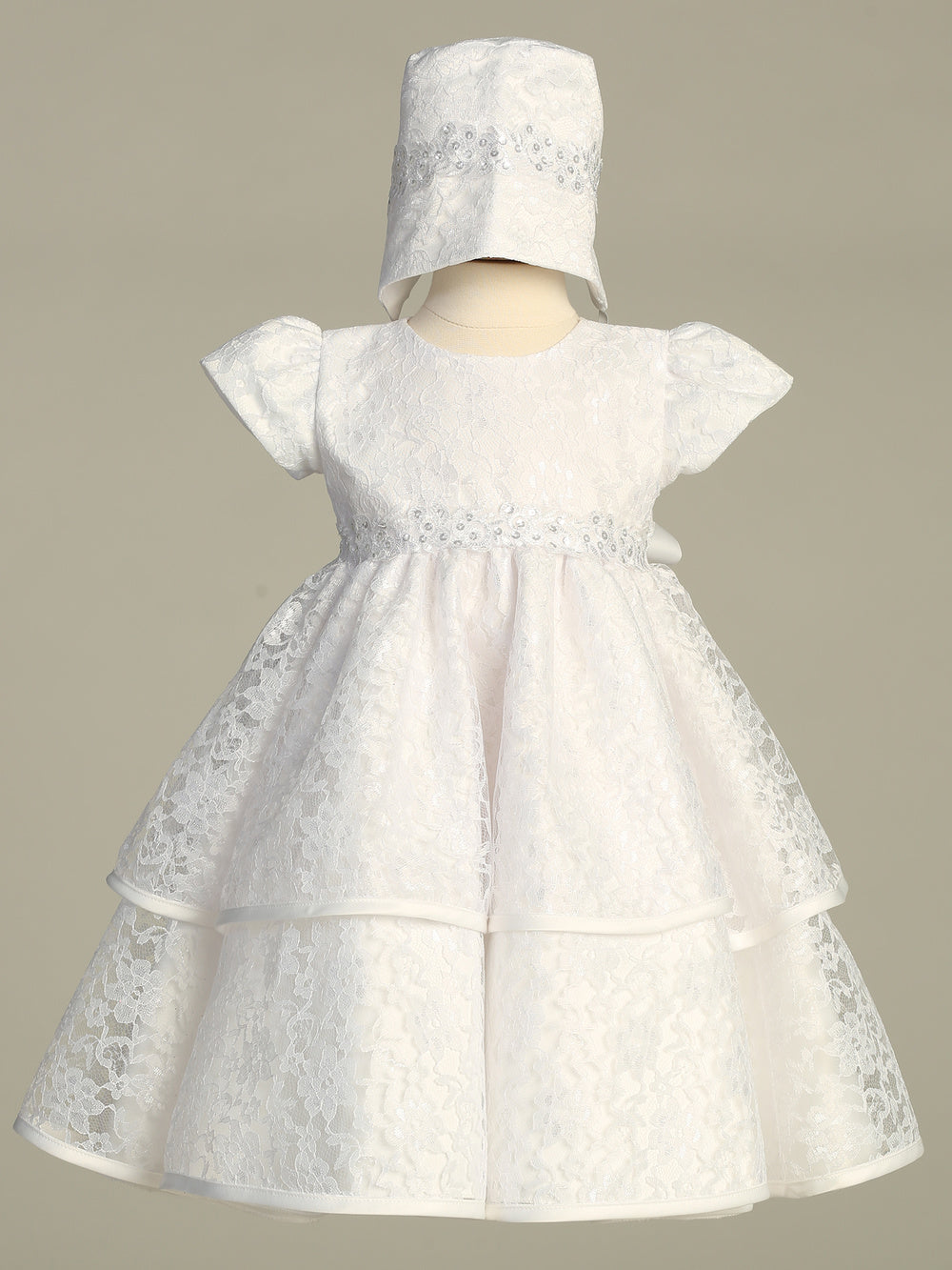 Tiffany White Lace Baptism Dress for baby girls with organza trim and matching bonnet, ideal for christenings. Available in sizes 0-18 months.