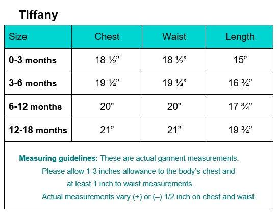 Tiffany baby girls baptism dress size chart showing chest, waist, and length measurements for sizes 0-18 months. Includes measuring guidelines.