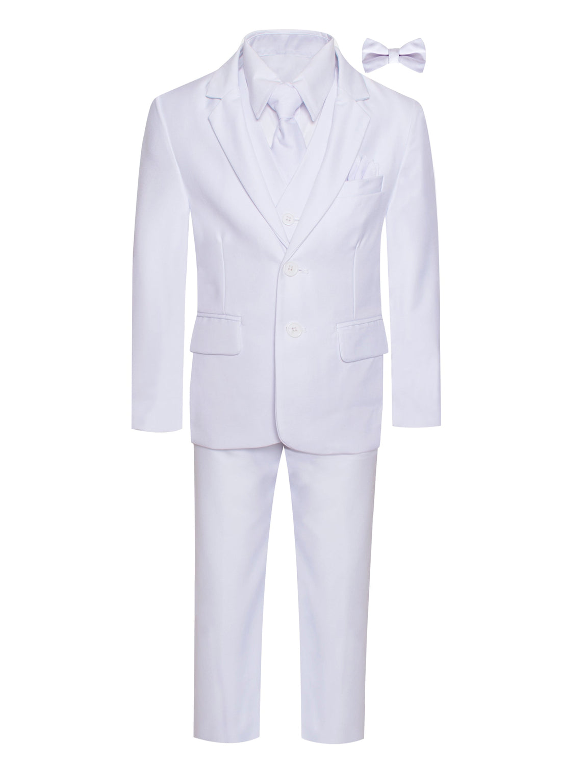 Executive 7PC boys white suit for First Communion with 2-button jacket, vest, pants, white dress shirt, white tie, bow tie and pocket square