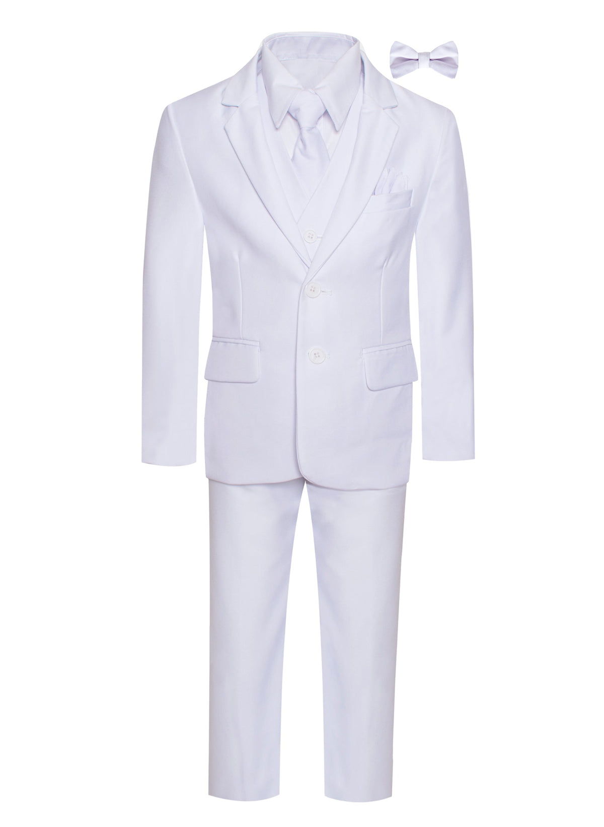 Executive 7PC boys white suit for First Communion with 2-button jacket, vest, pants, white dress shirt, white tie, bow tie and pocket square