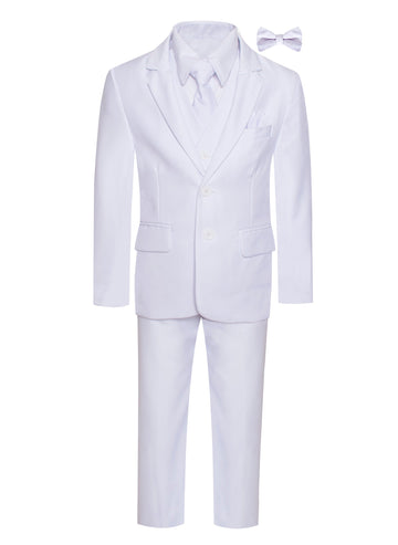 Executive 7PC boys white suit for First Communion with 2-button jacket, vest, pants, white dress shirt, white tie, bow tie and pocket square