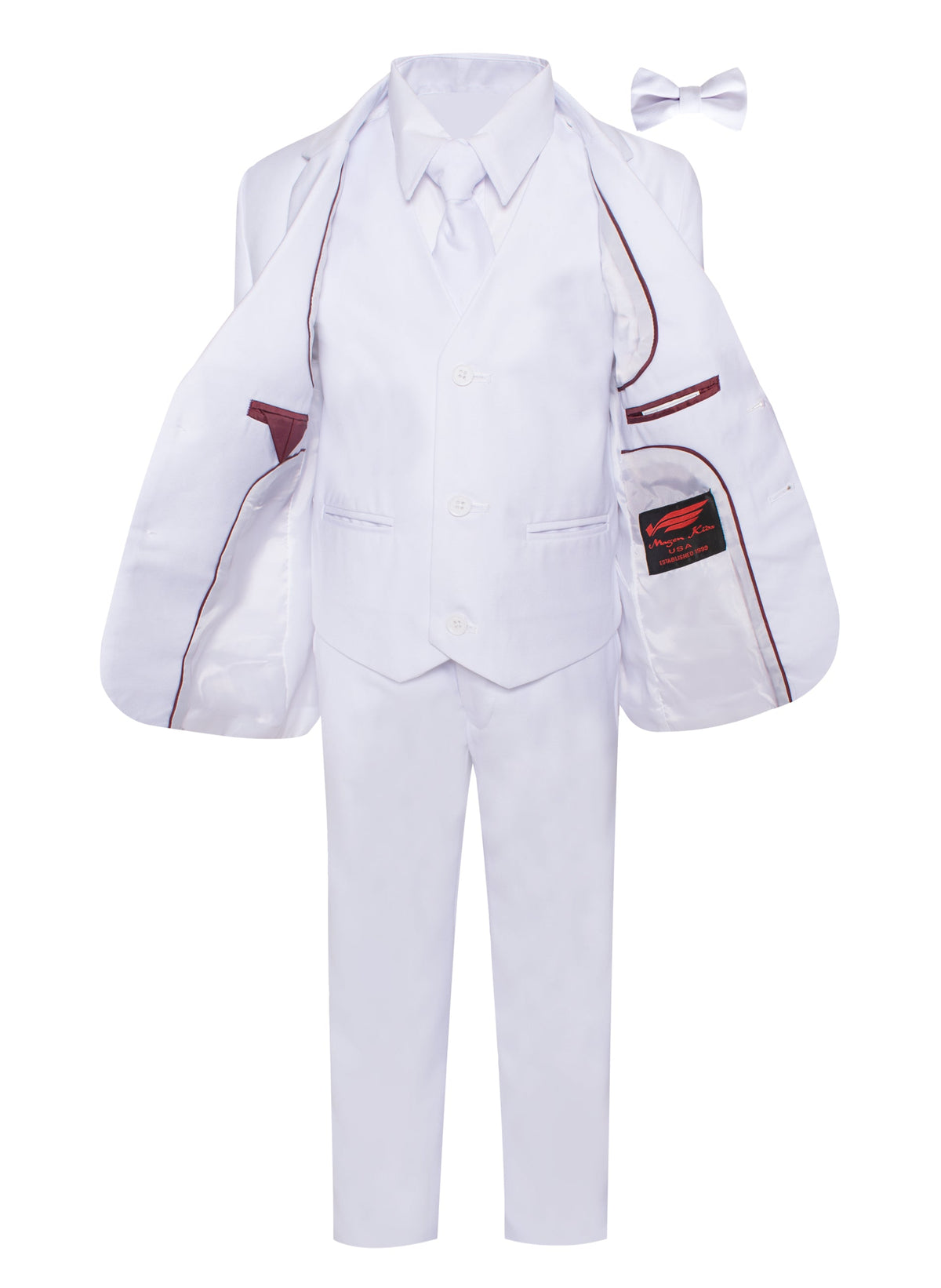 Boys white suit with jacket open showing the fully lined interior, matching vest and flat-front dress pants