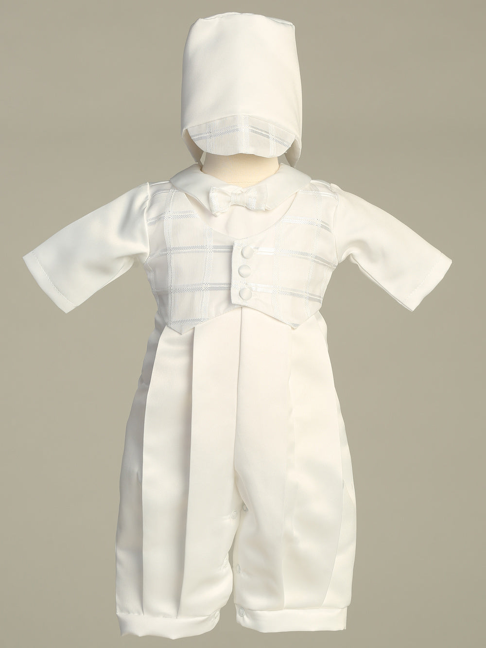 Andrew white satin baptism romper with organza checkered vest