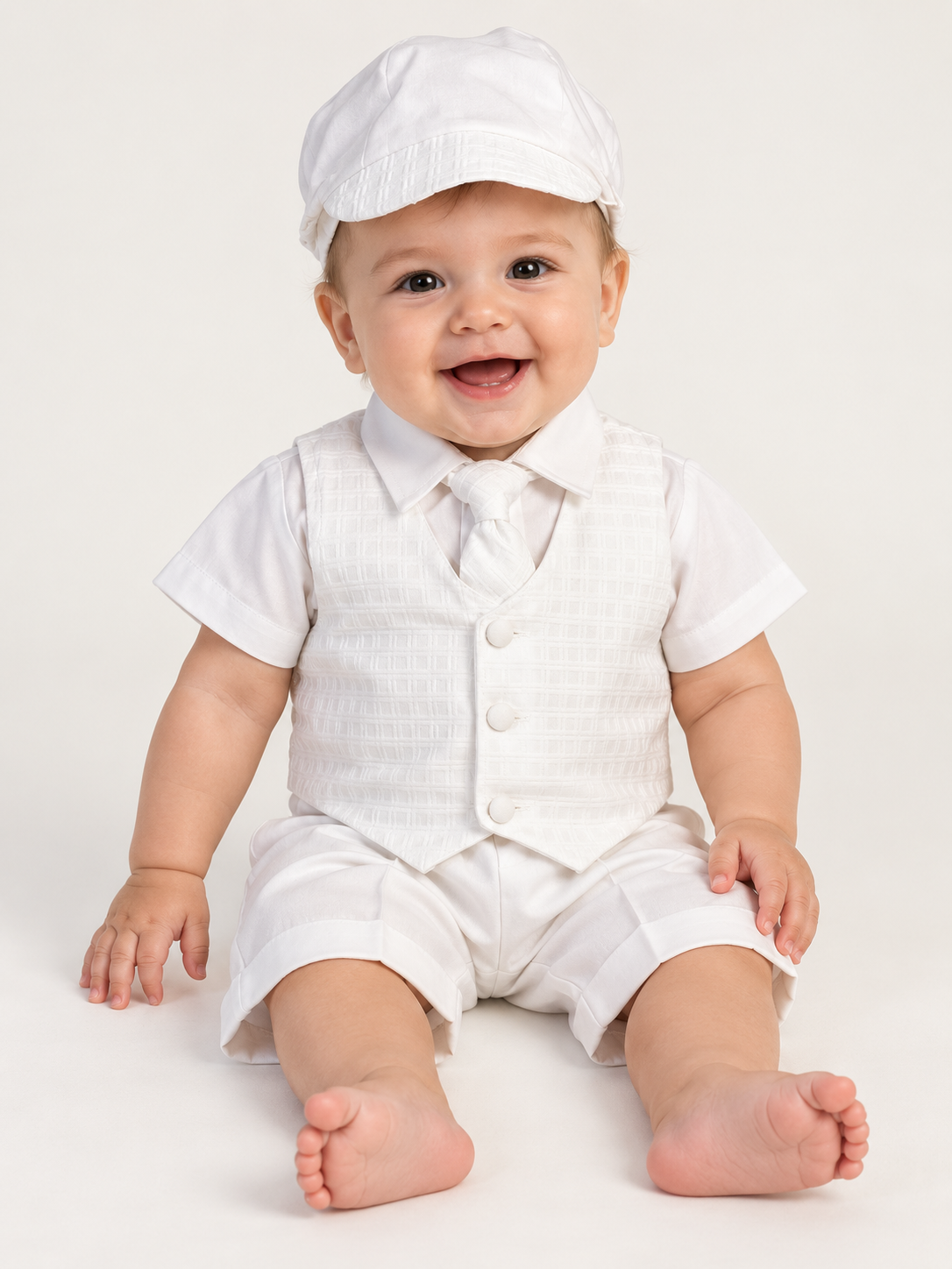 Baby model wearing the Chase white baptism outfit with short sleeves, checkered vest, tie, shorts and matching cap.
