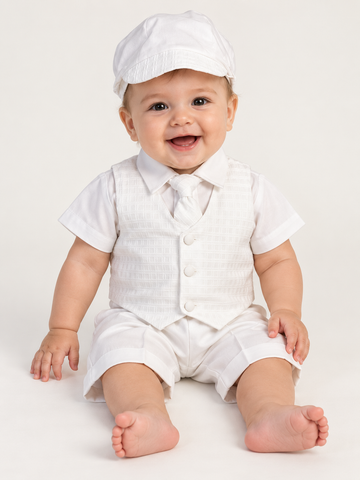 Baby model wearing the Chase white baptism outfit with short sleeves, checkered vest, tie, shorts and matching cap.