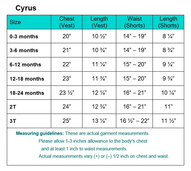 Cyrus garment size chart in inches
