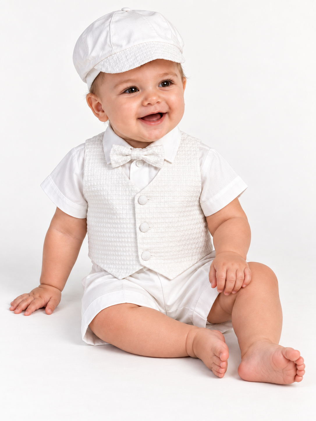 Baby model wearing the Dexter white baptism outfit with basketweave vest, bow tie, cap and cuffed shorts.