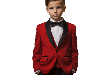 A young gentleman captivates hearts in the striking Red/Black Shawl Tuxedo Suit.